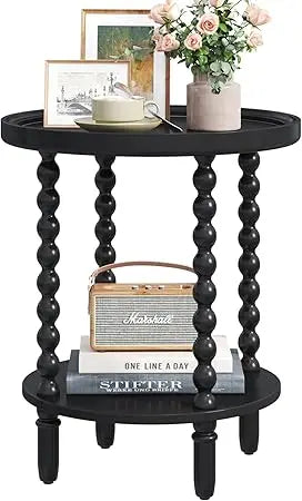 Round end table with storage shelf 2 tier couch side wood coffee for living room bedroom black 19.3 * 25 - united states