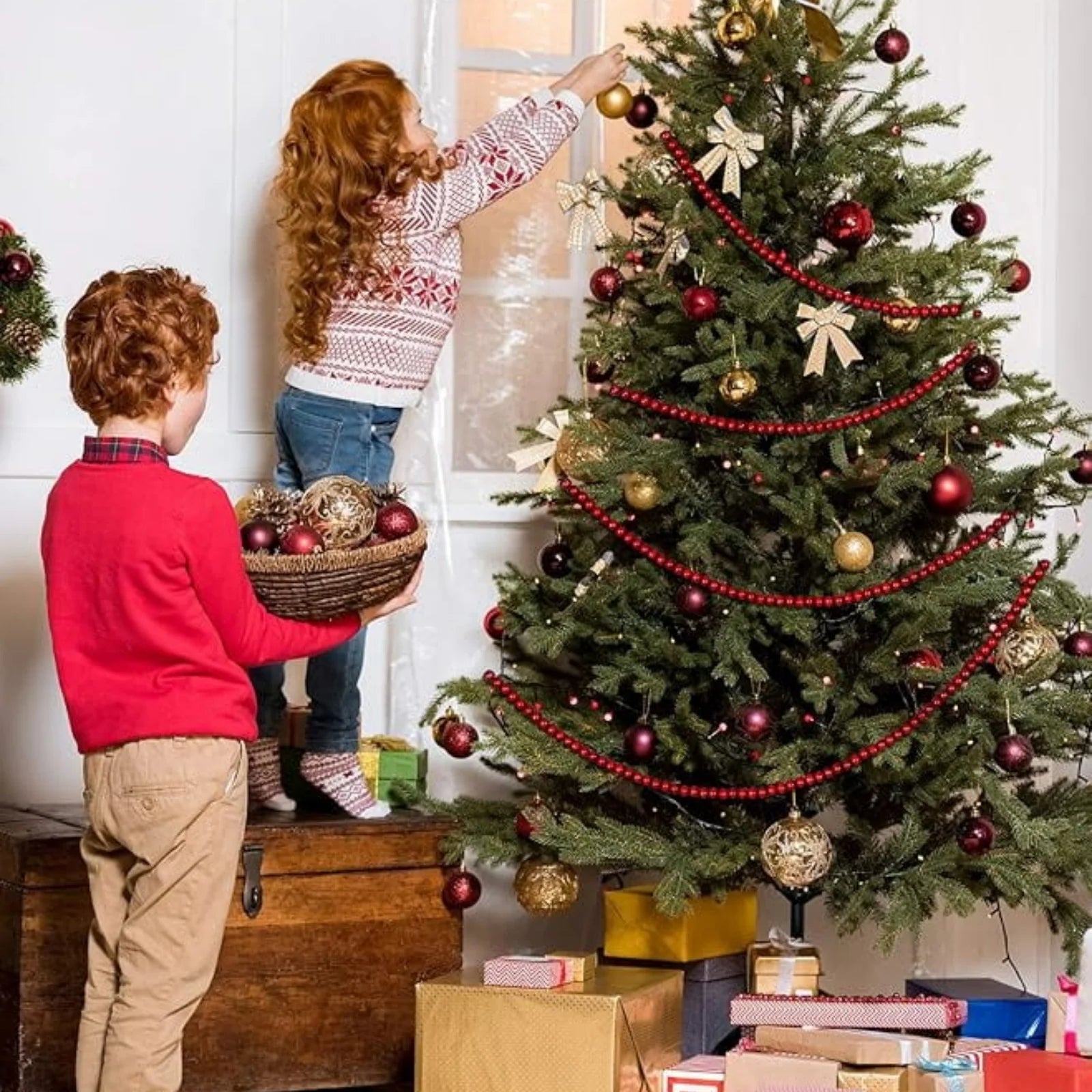 Ornativity wooden christmas garland decorations - rustic wood beaded tree bead strand xmas holiday - red / one size