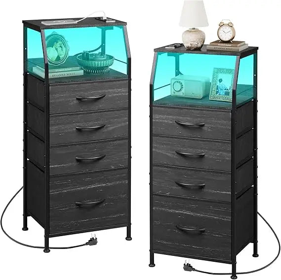 Pair of modern nightstands with built-in charging station led lighting and fabric drawers for bedroom storage - united