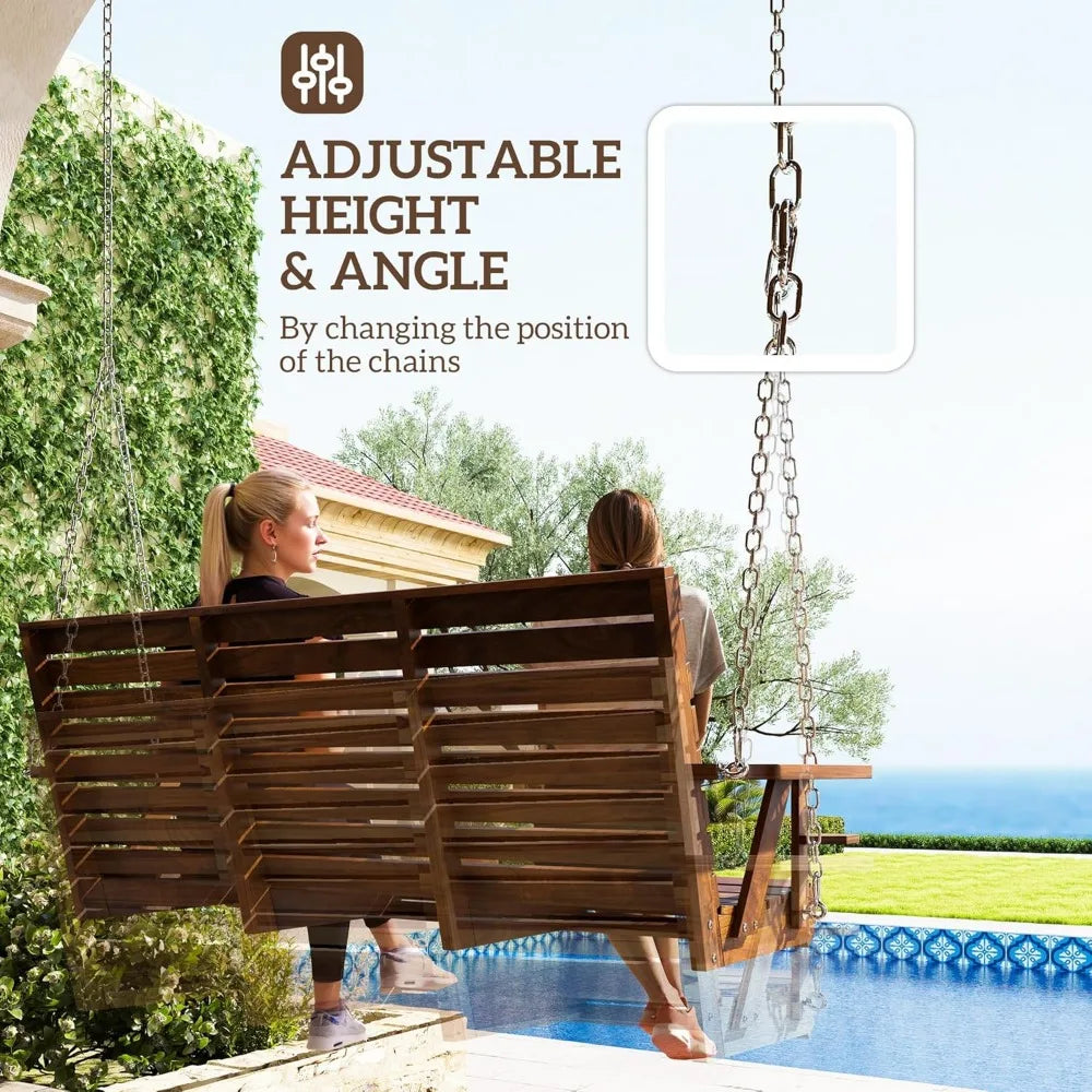Upgraded wooden porch swing 3-seater 5 ft outdoor patio bench with cupholders hanging chains chair for pat