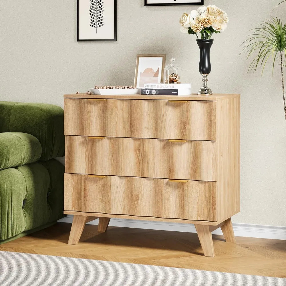 3 drawer dresser modern fluted chest of drawers with metal handles and wooden legs storage organizer accent cabinet f