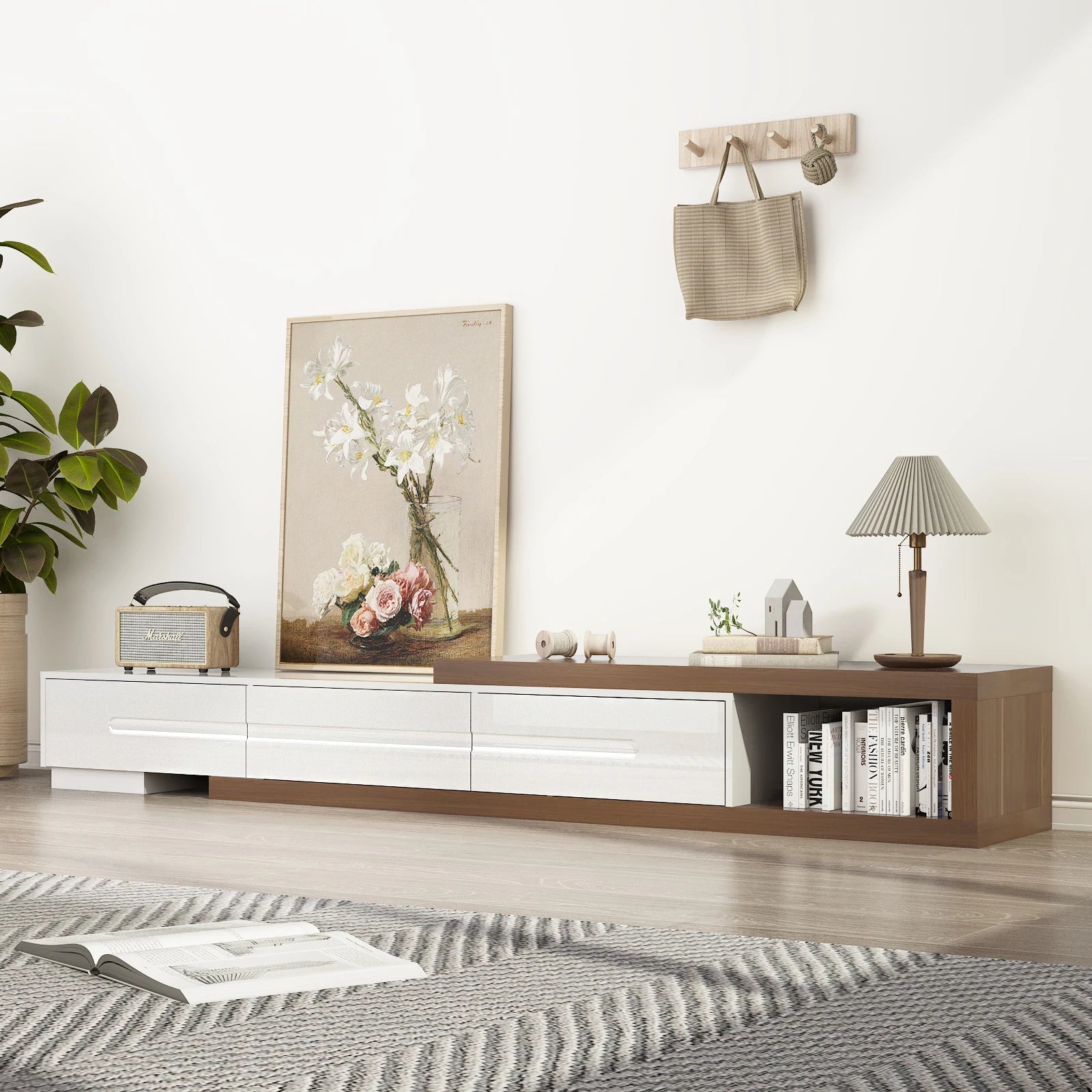 82-110’’ extendable tv stand for up to 120’’tv wood reversible media console w/3 drawers & open storage shelf living