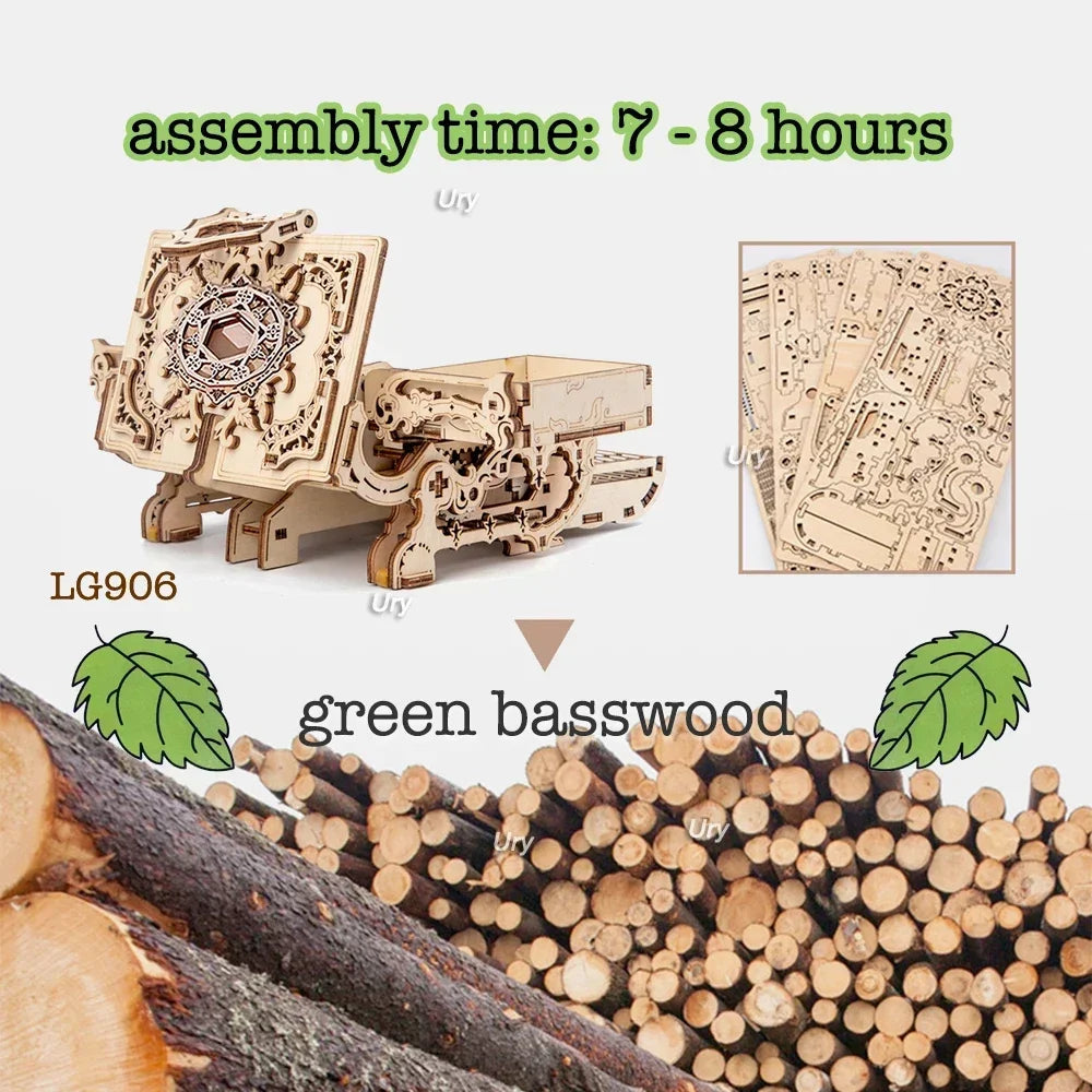 Ury 3d wooden puzzle antique treasure box dressing case diy game advanced assembly model toys creative gift for lady