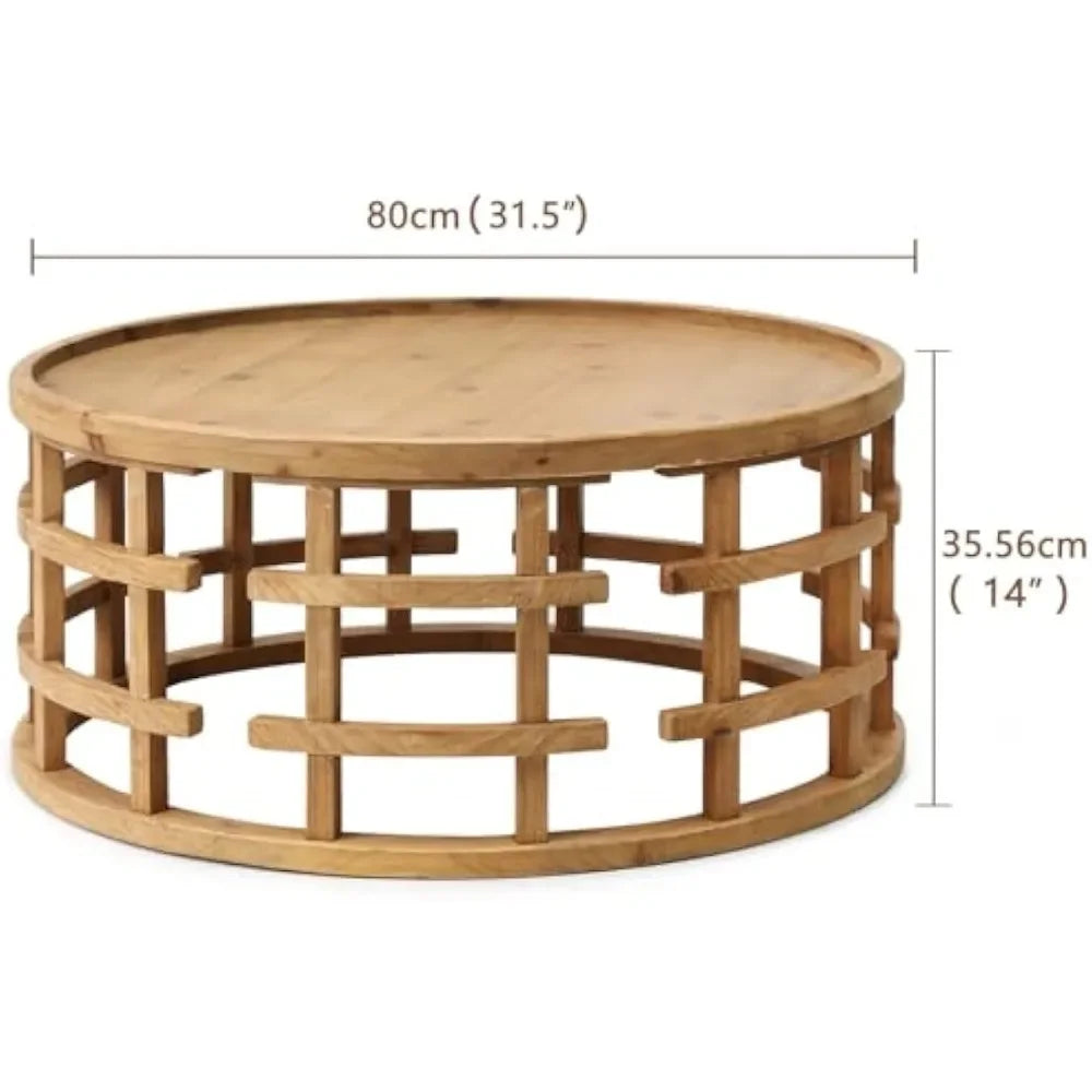 Farmhouse round coffee table french country sofa tables,rustic solid wood finish w/ openwork pattern & curved base