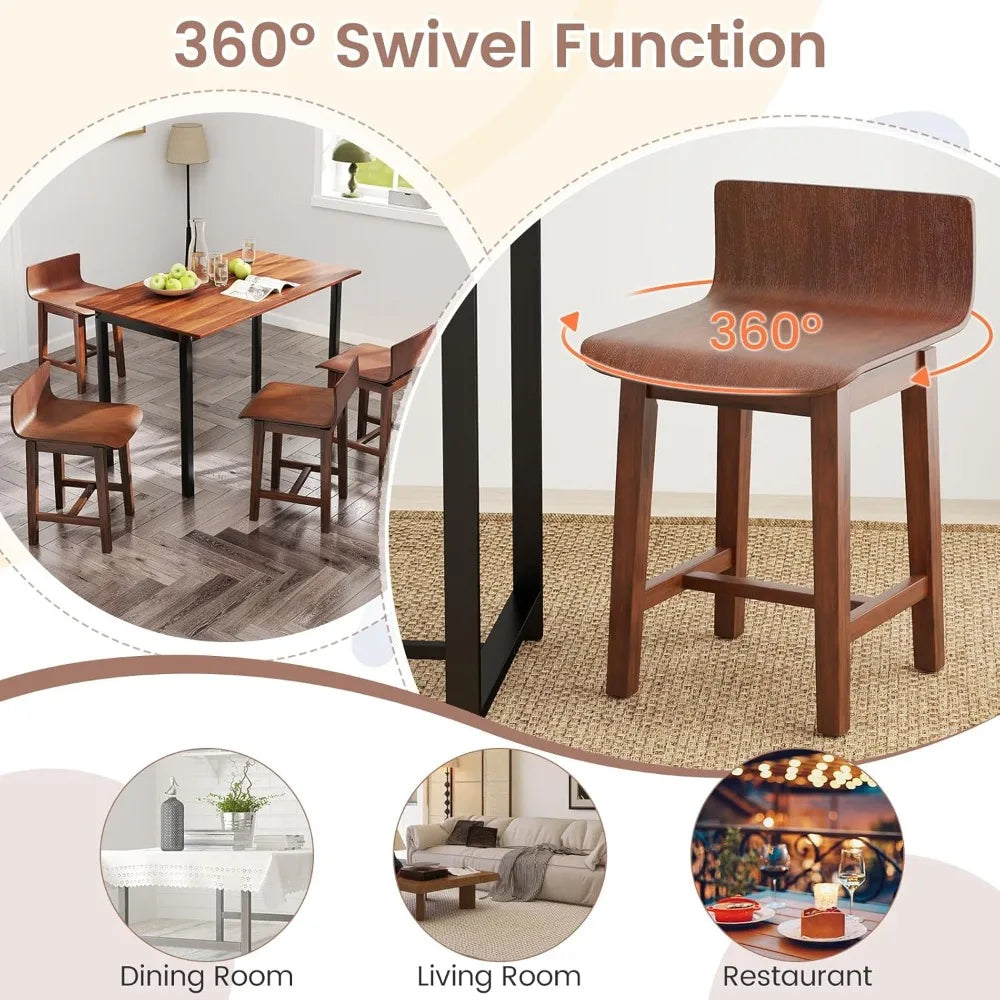 Swivel solid wood dining stools set of 2 19-inch counter height chairs with low back footrest farmhouse wooden armles