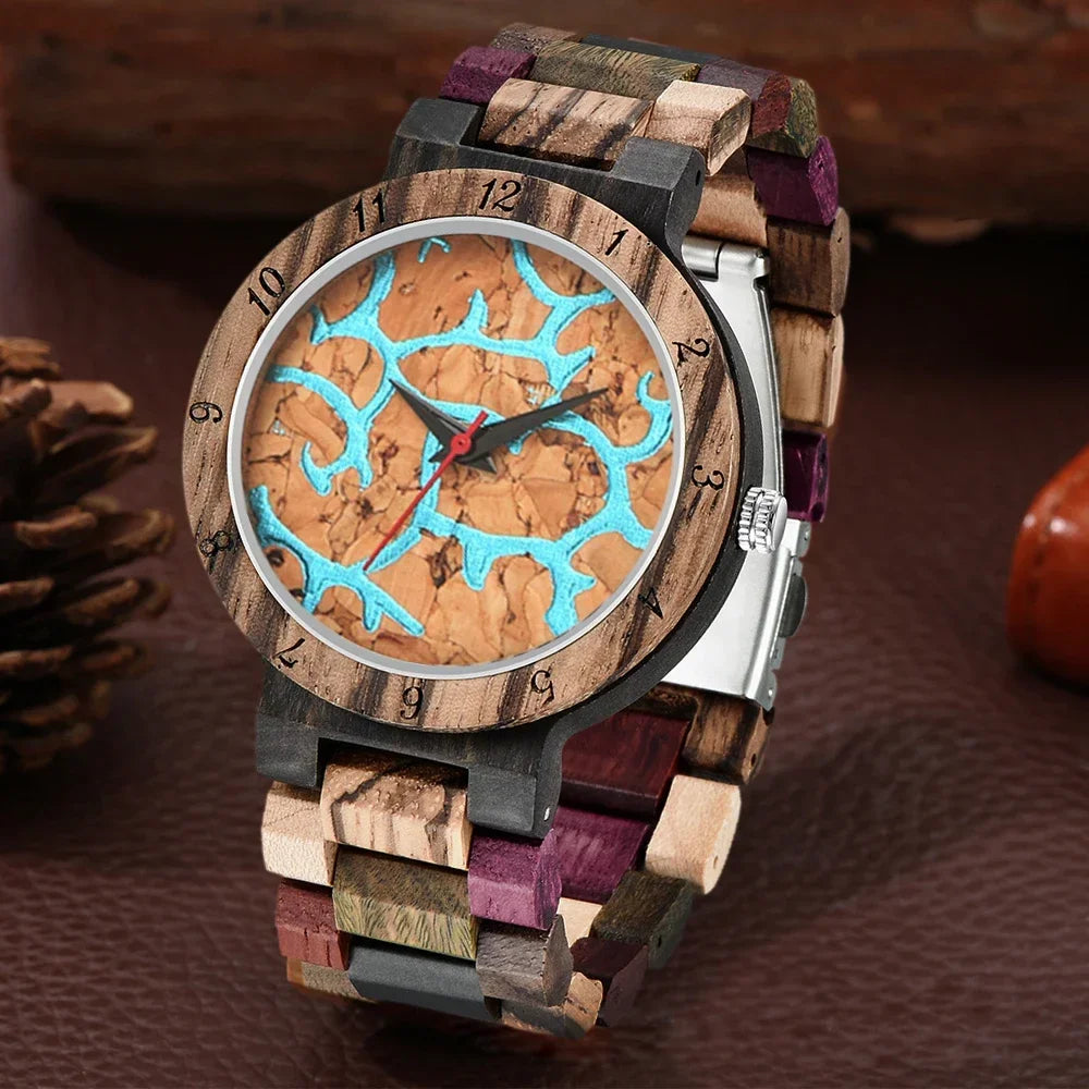 Artisan color-block mysterious wooden disc watch lightweight multicolor strap sophisticated gift for men