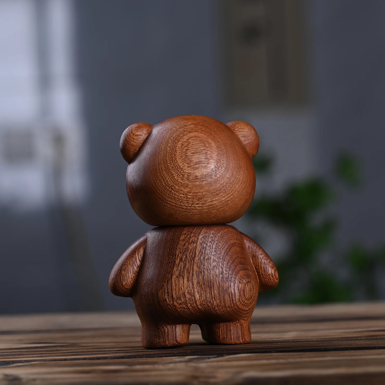 Miniature solid wood carving cute little bear statuette toothpick jar 4.13’’ wooden crafts table decoration