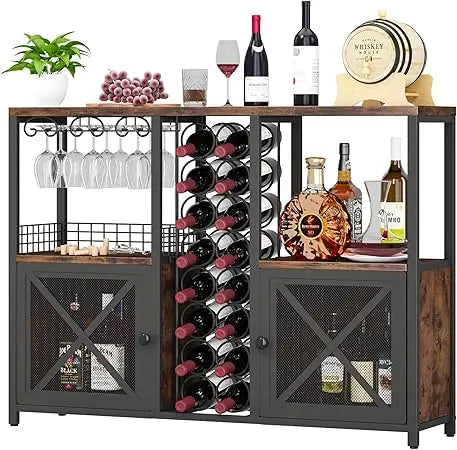 Contemporary wooden home bar cabinet rustic wine buffet with liquor storage and glass holder - united states / brown