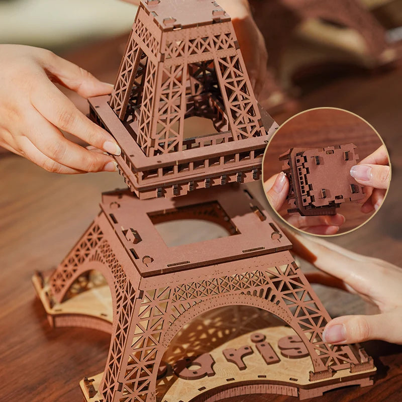Robotime 3d wooden puzzle game night of the eiffel tower 1:638 models for children adult diy crafts kits gift with light