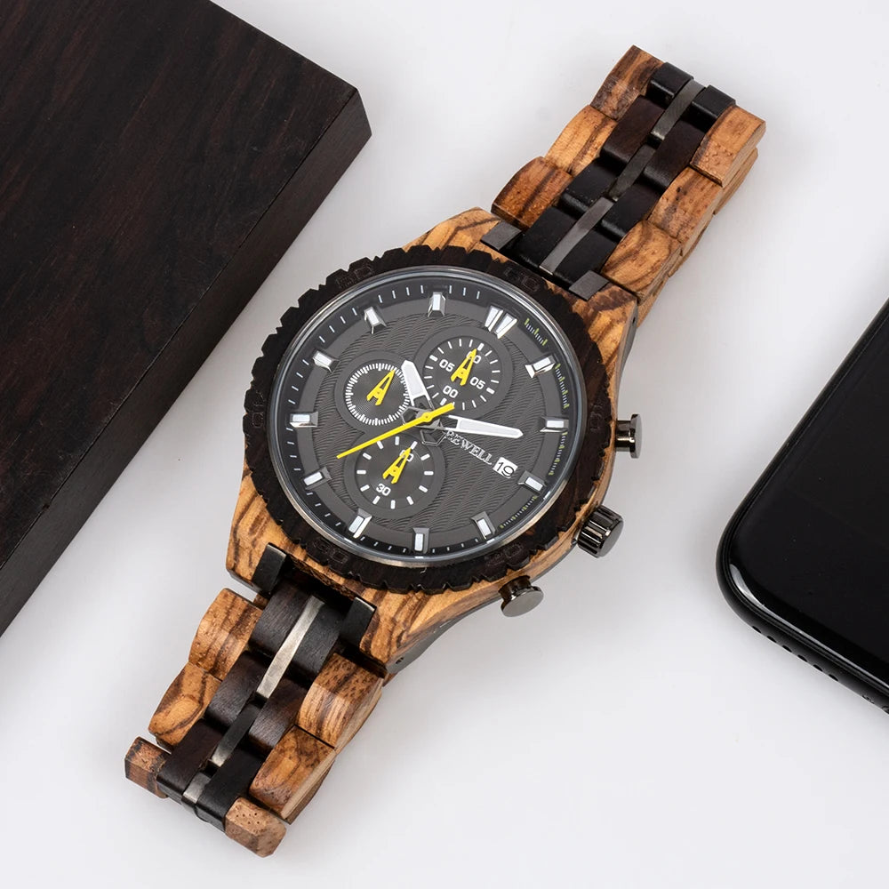 Premium stainless steel with wooden quartz men’s business watch multi-functional high-end fashion accessory