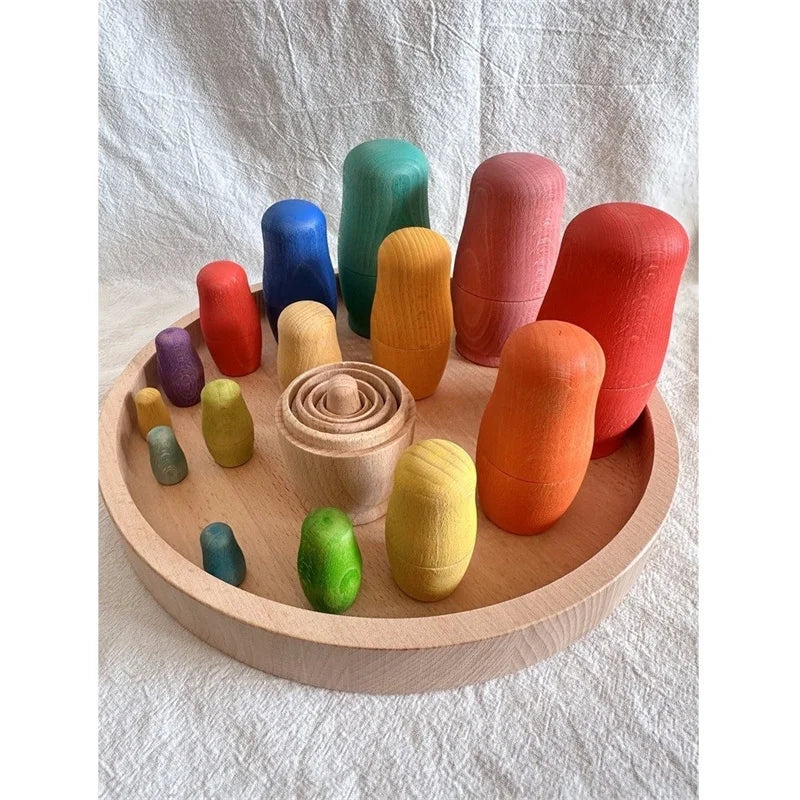 Kids wooden toys beech rainbow stacking bowls dolls matryoshka collectible craft open-ended play - game