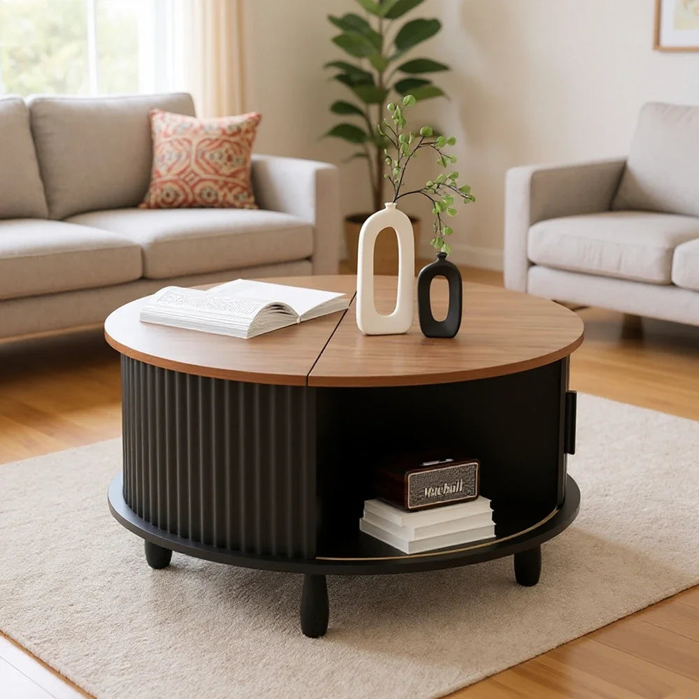 Round wooden coffee table 30.7 inch with storage function suitable for home living room office sliding cabinet door