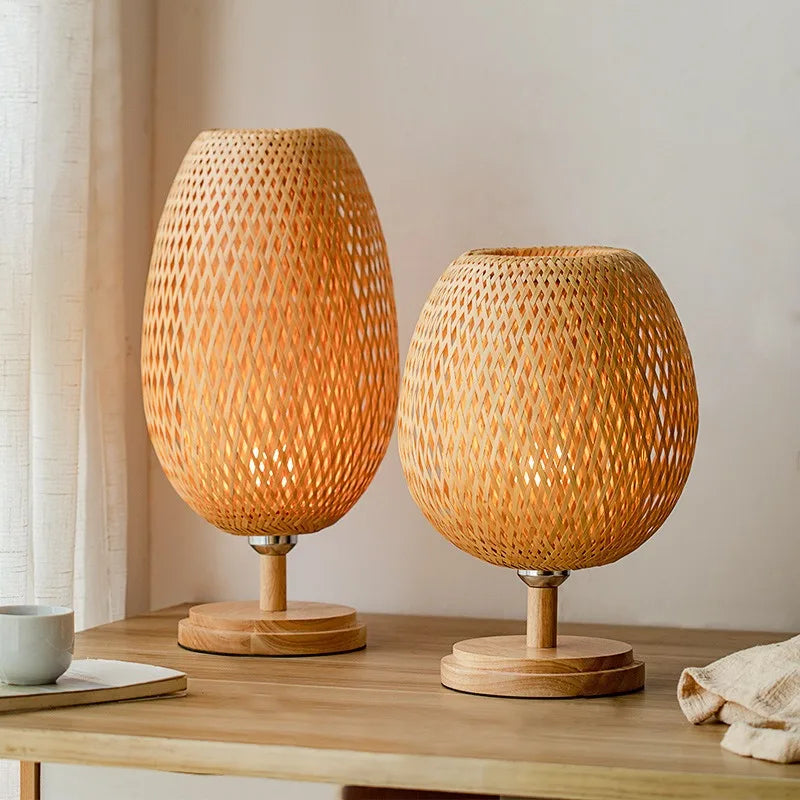 Small rattan table lamp stepless dimmable beside vintage wicker wooden nightstand for bedroom living room desk