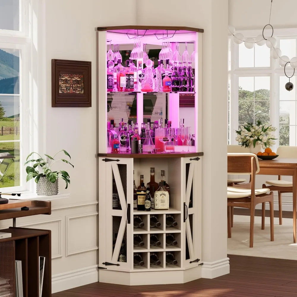 Farmhouse corner bar cabinet,modern wood freestanding wine with storage and holder tall hutch cabinet for home displ