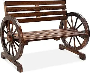 2-person wooden wagon wheel bench for backyard patio porch garden outdoor lounge furniture w/rustic cou - united states