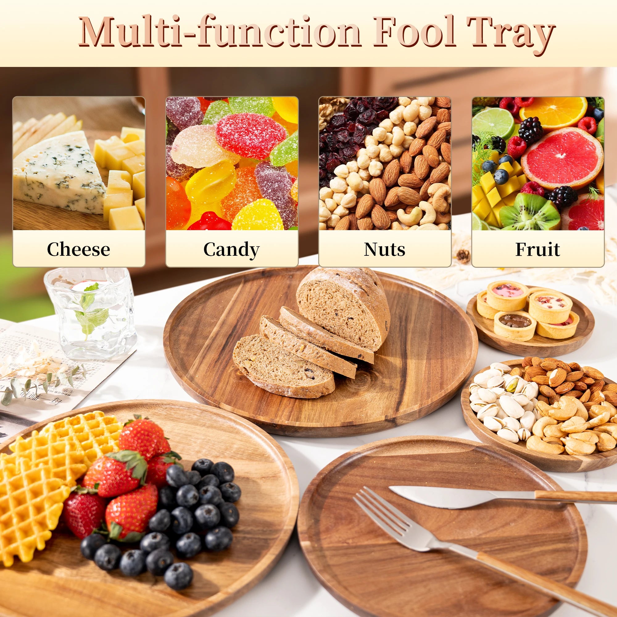 12.5/15/20/25/30cm round serving platter tray acacia wood pizza salad plate fruit dessert bread cake container snacks