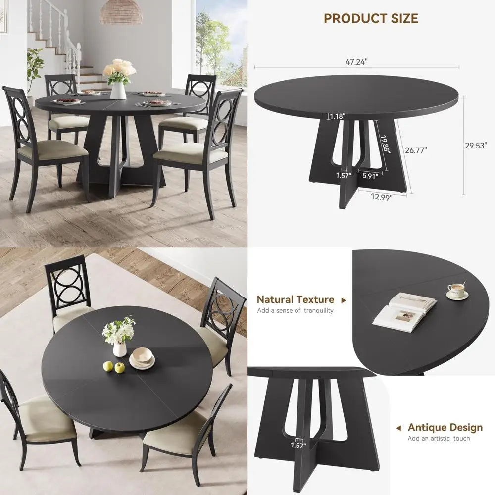 47-inch round farmhouse dining table set for 4-6 wooden top and legs home room - united states / black