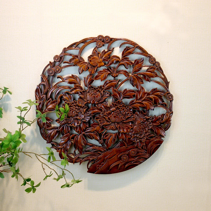 Chinese style wooden wall art camphor wood carving round floral bird decor for living room & bedroom decoration