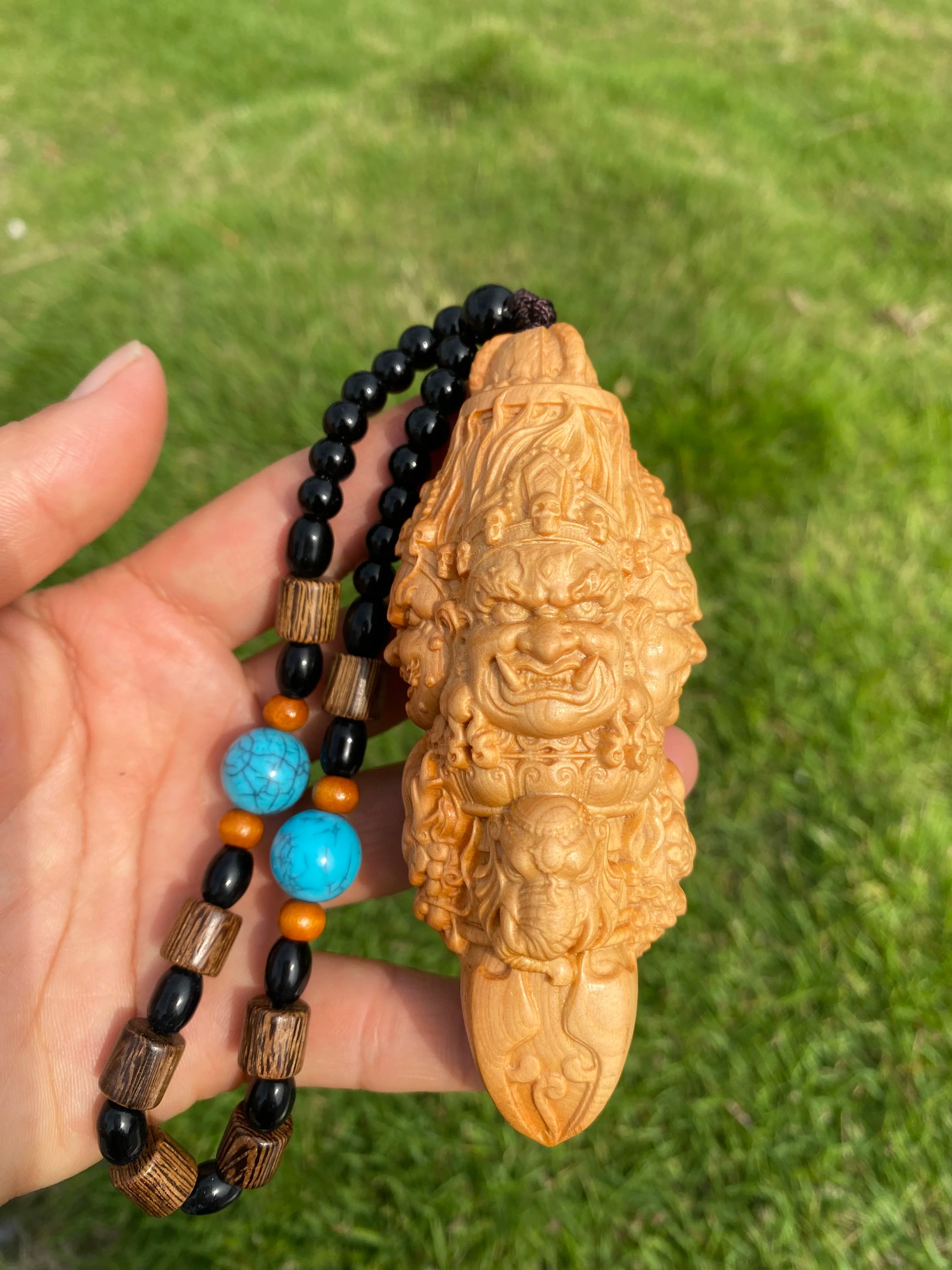 Hand carved cypress wooden multi face vajra phurpa pendant charm - buddhist ritual tool portable piece car hanging gift