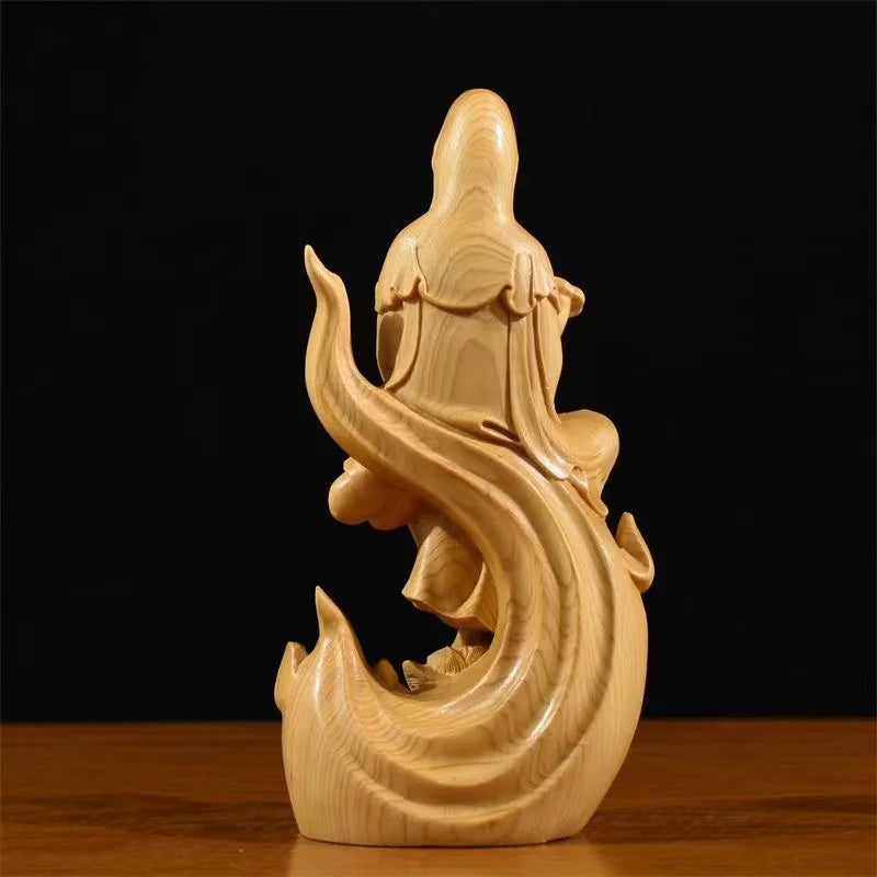 Natural cypress guanyin decorative figures statue solid wood carved chinese buddha statues home room office feng shui