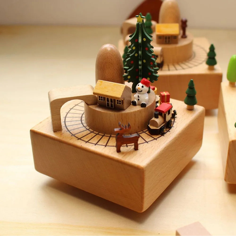 Cottage garden castle car woodgrain wind-up musical figurine wooden creative music box carousel train birthday gifts