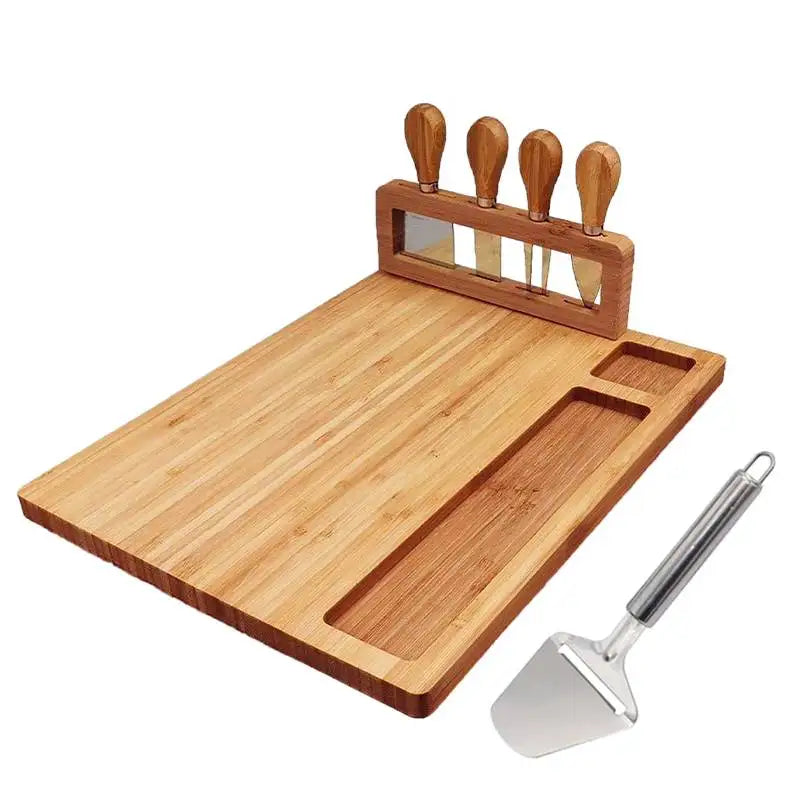 Large bamboo cheese board with 4 knives chopping set for weddings birthdays christmas kitchen wooden - 35.5x28x1.5cm