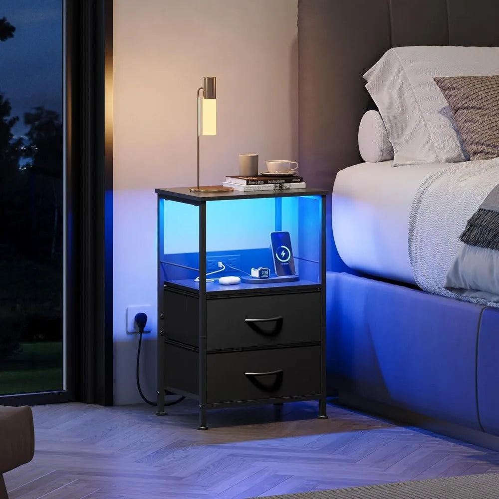 Night stand with charger station black nightstand 2 fabric drawers and storage shelf led bedside table bedroom small en