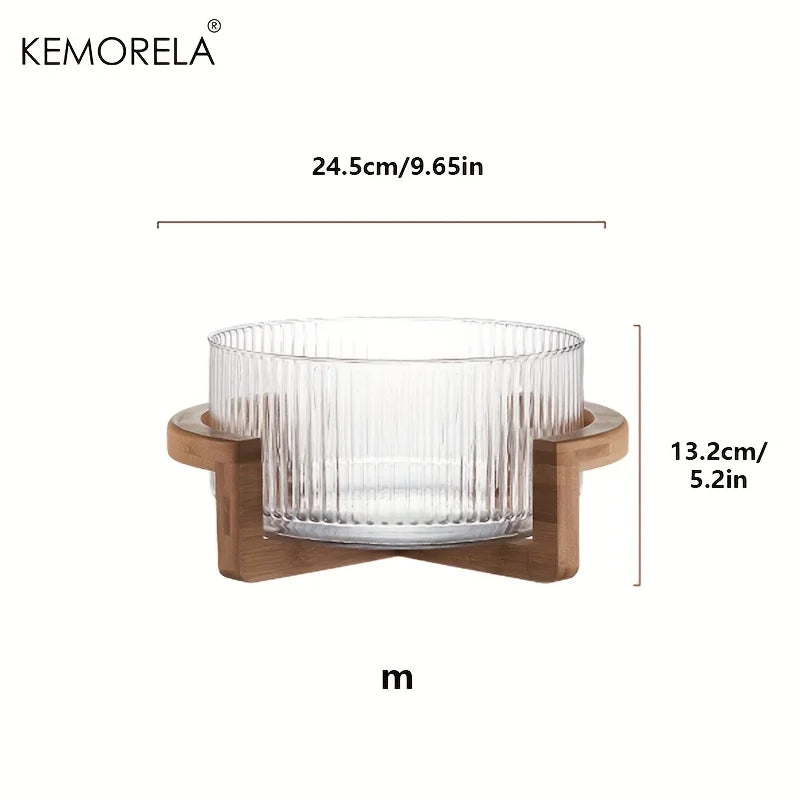 Kemorela striped glass bowl with wooden stand scratch-resistant round salad fruit dessert display for living room - 24cm