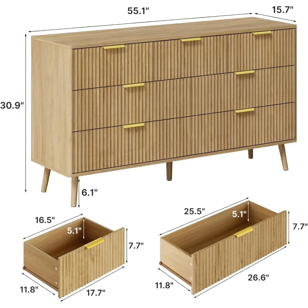 55’’ w fluted dresser for bedroom with 7 drawer modern chest of drawers metal handle & curved design wood tv stand