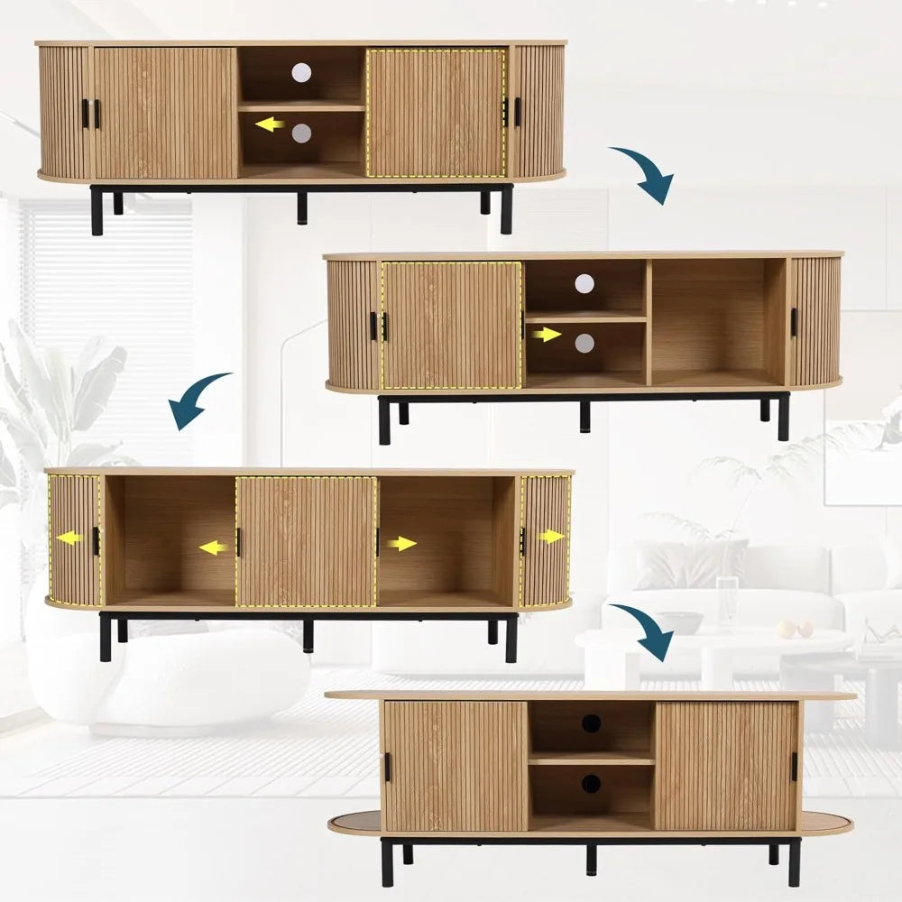 62’’ tambour door tv stand,wood mid century modern cabinet for up to 75“ tv,curved edge long stand with storage bedroom