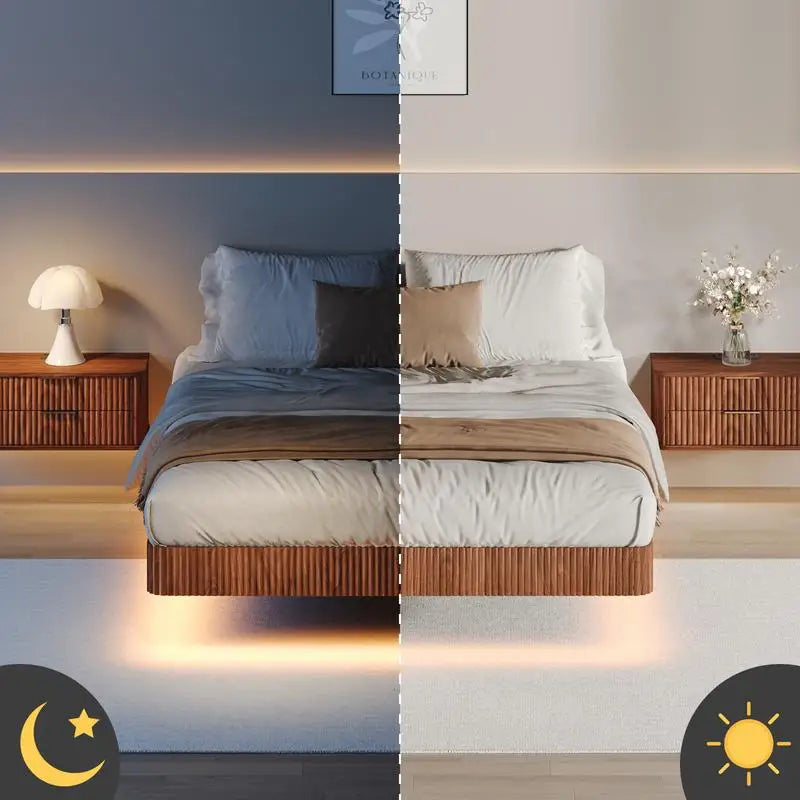 Walnut floating bed frame with led lights wave curve wood texture heavy duty metal slats no box spring required stylish