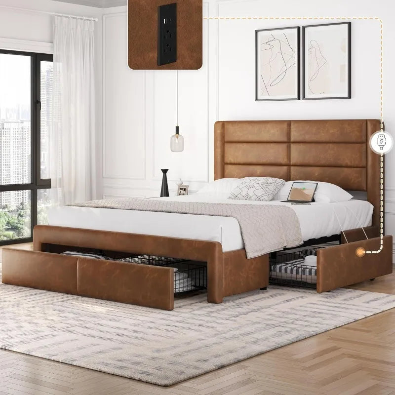 Queen bed frame with 2 usb charging stations/port for type a&type c/3 storage drawers,leather upholstered platform
