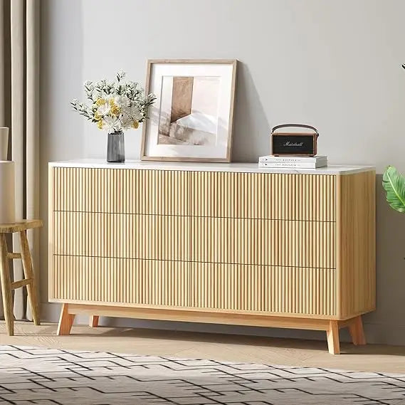 Fluted 6 drawers dresser for bedroom,52’’ wide handleless chest of with faux marble top wooden tv stand wood dr