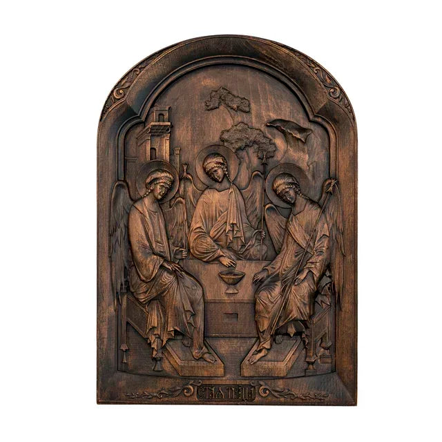 Religious vintage catholic holy trinity wood carving ornament family home living wall decor - retro / 35cm - (christian)