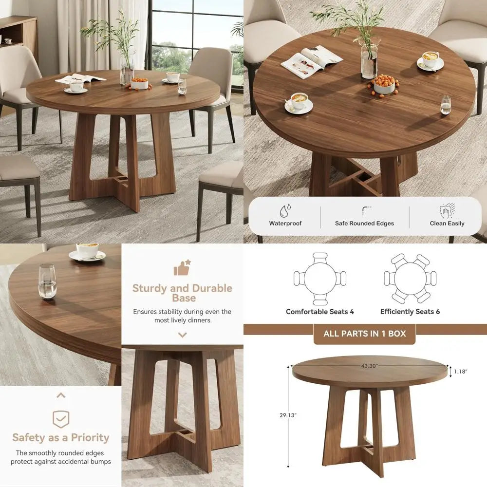 Farmhouse style wooden round dining table for 4 perfect home kitchen and living room - united states / walnut brown