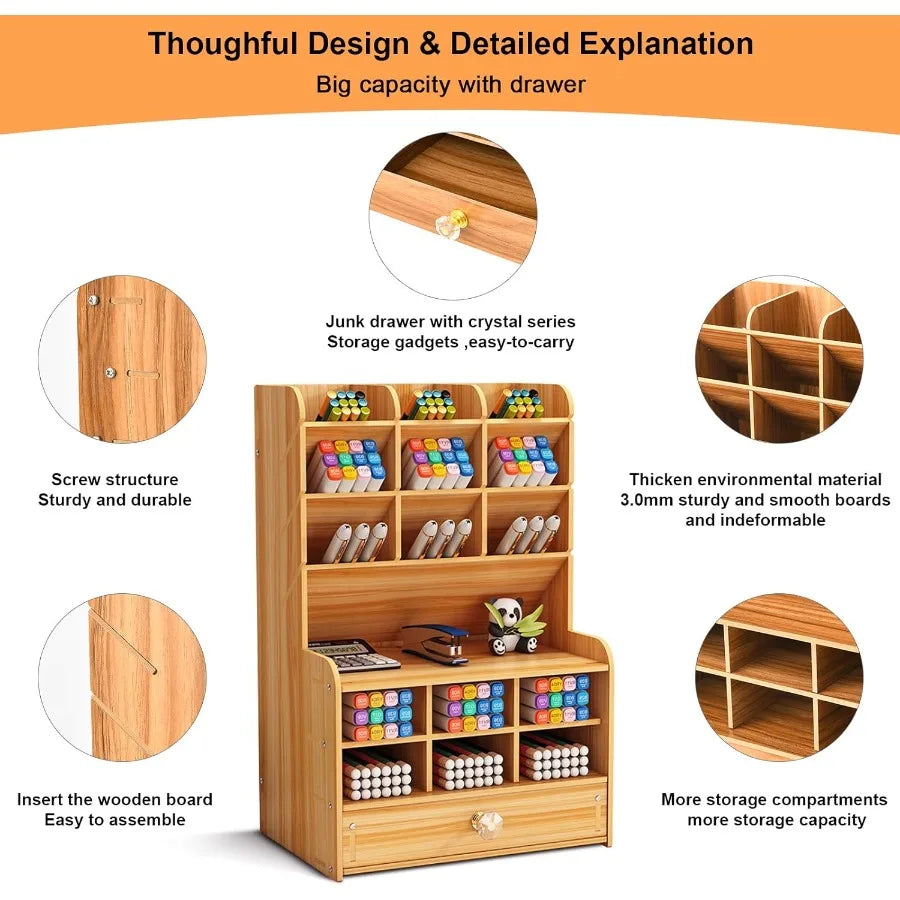 Wooden desk stationary organizer multi-functional pen holder storage rack for school home office art supplies