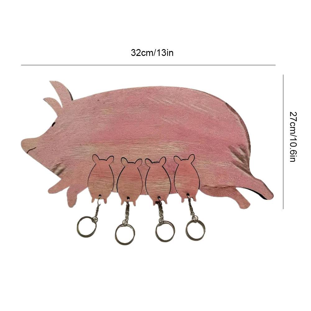 Piggy key ring wooden hanging board decorative chain pendant creative pig wall hook for home decoration