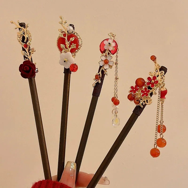 Red flower hairpin new chinese style wooden tassel hair stick ancient cheongsam hanfu women headwear