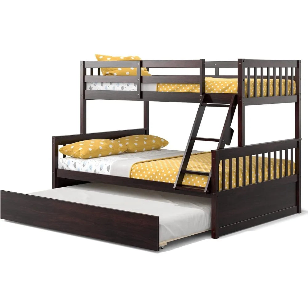 Wood twin over full bunk bed with trundle frame solid pine space-saving ladder & safety - espresso / united states