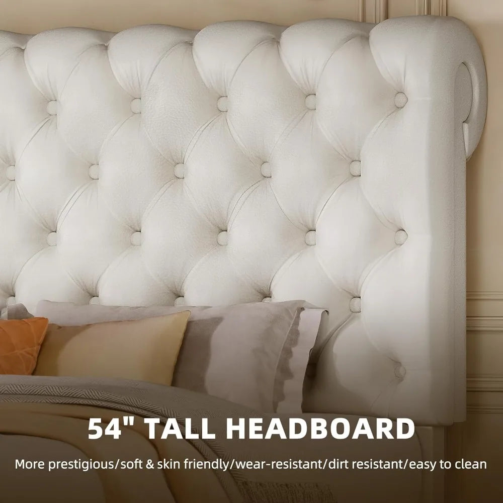 Yitahome queen size platform bed frame with 54’’ tall headboard pu leather upholstered solid wood leg button - united