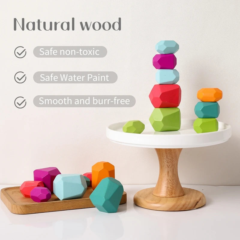 Wooden sorting stacking rocks stones sensory toddler toys learning montessori building blocks game for kids birthday