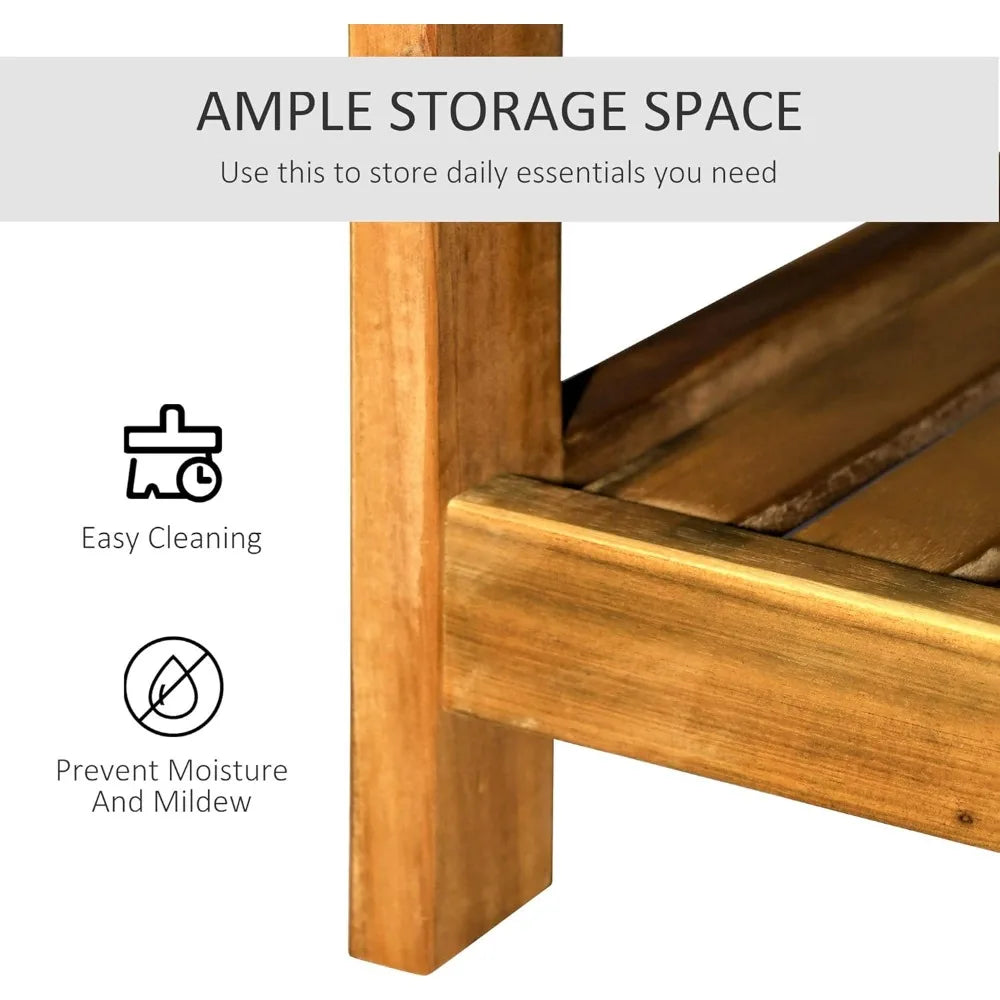 Rectangular acacia wood outdoor coffee table with two shelves - natural finish for patio deck lawn and garden storage