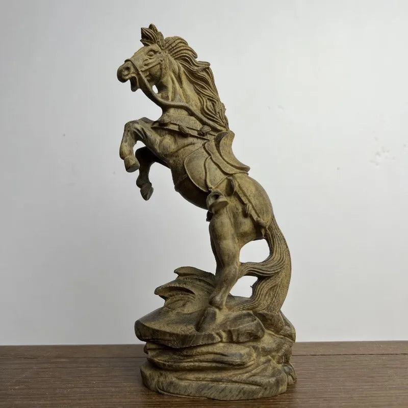 Hand-carved agarwood war horse statue - 7.08’’ wooden sculpture home office decor gift feng shui ornament - 18cm