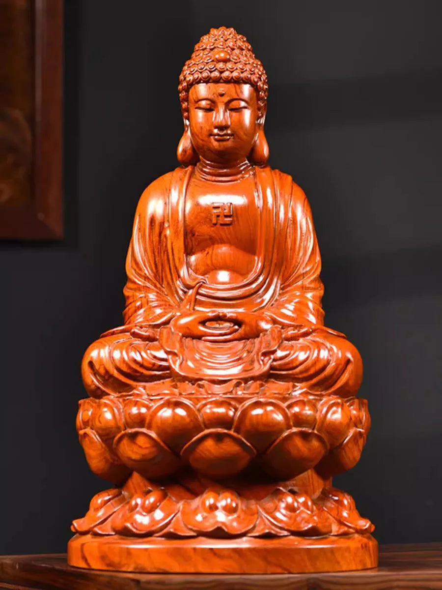 Classical ebony wood and rosewood carvings decorations of buddha offering the statue shakyamuni at home - religious