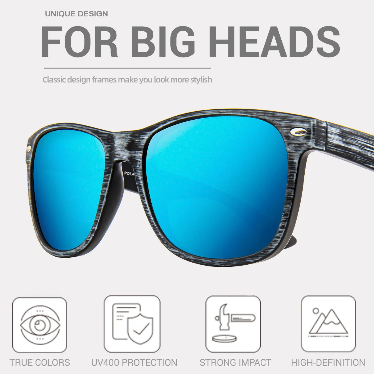 Juli polarized sunglasses for big heads men&women,uv 400 protection wood grain frame 8809 - a7 grain-blue / china