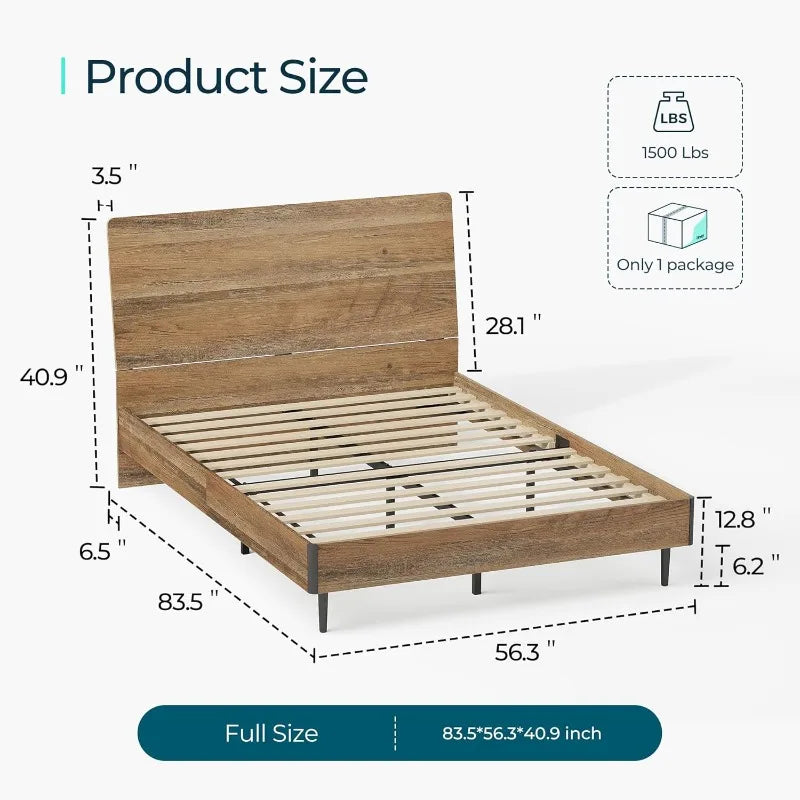 Size bed frame wood with ergonomic headboard full storage shelf noise-free no box spring needed - b - united states