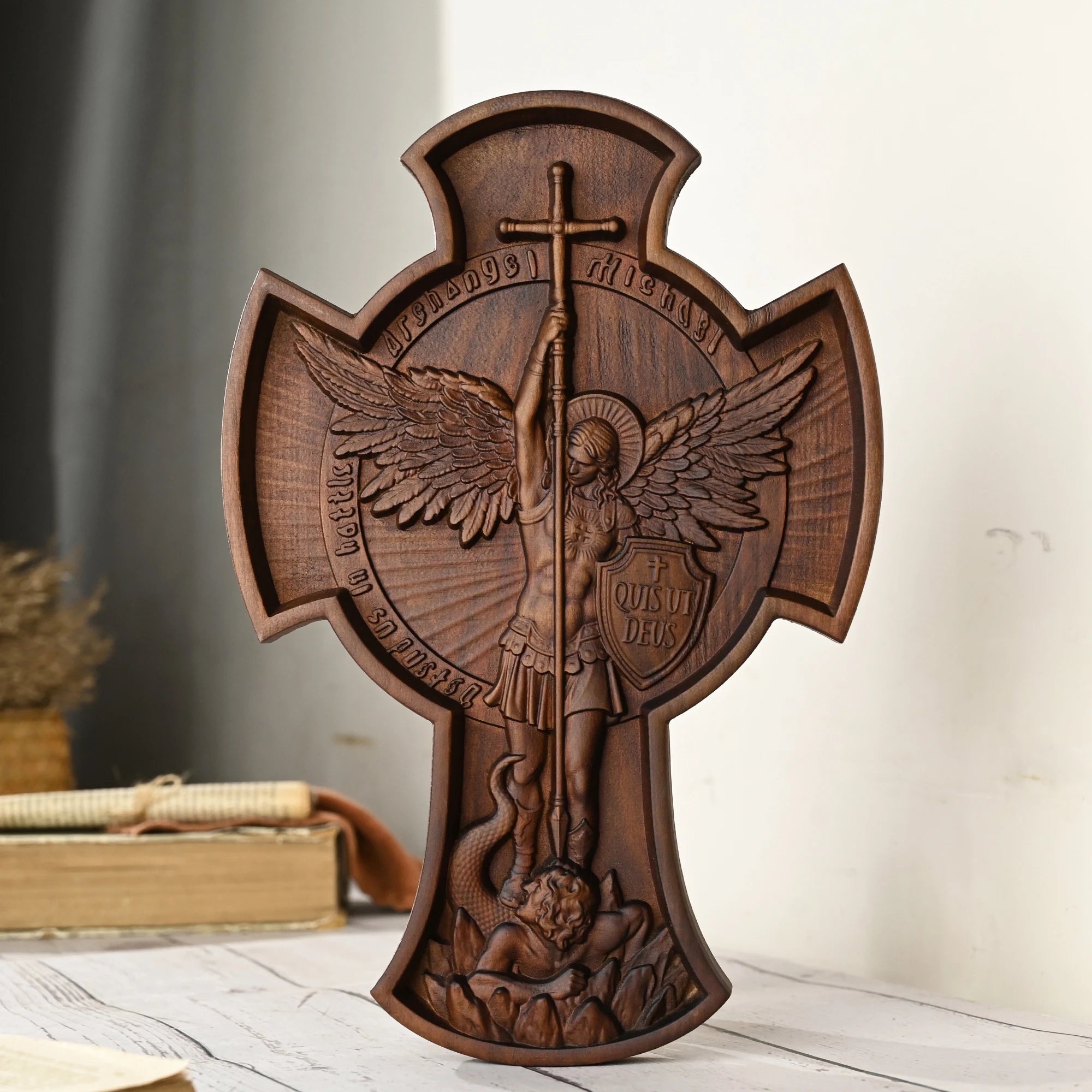 Saint michael archangel cross statue patron religious figure home wall decor wooden christian gift - (christian)