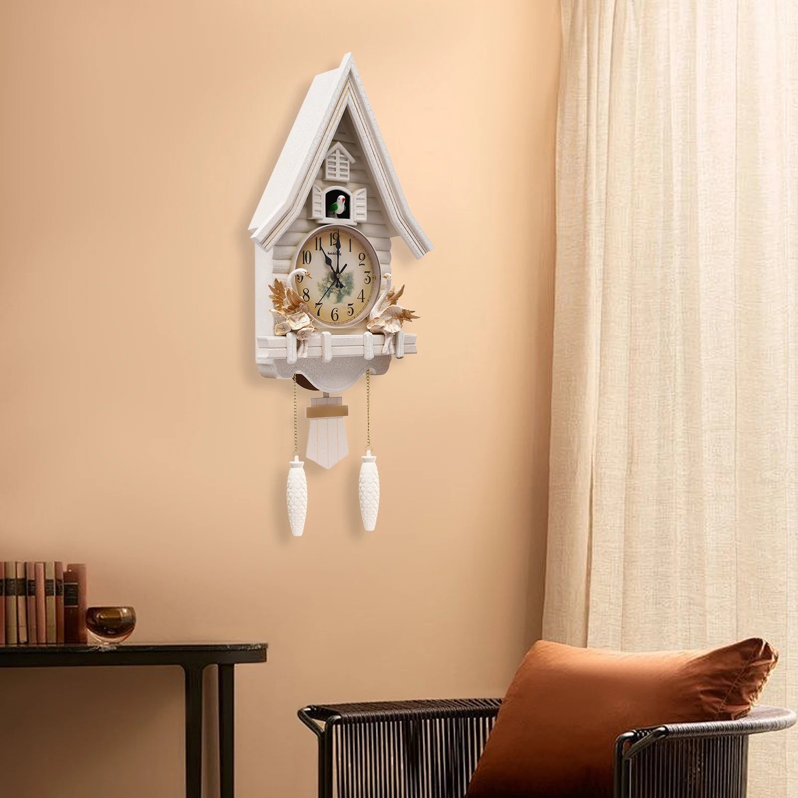 White wood cuckoo clock vintage luxury pendulum wall clocks hourly chiming music house decoration living room gift