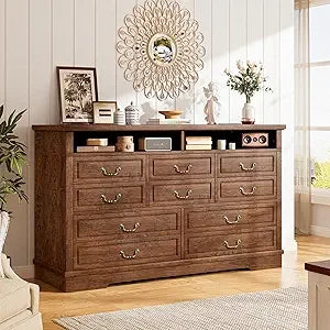 10 drawers dresser for bedroom 55.2’’wide wood white with led & power outlet large space saver chests of c - rustic