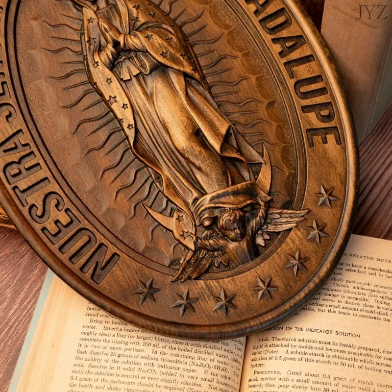 Vintage religious virgin mary of guadalupe statue oval wood carving ornament catholic decor - retro / 35x25x2.5cm